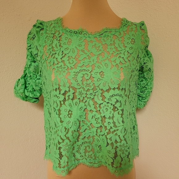 Joie Green Lace Blouse with Rushed Sleeves - Picture 1 of 5